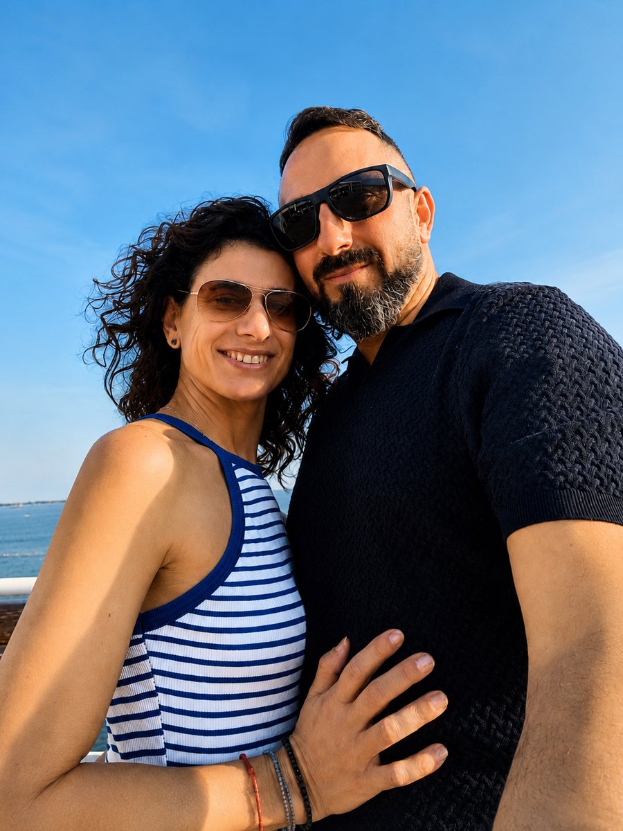 Selfie cómplice en el paseo marítimo al atardecer